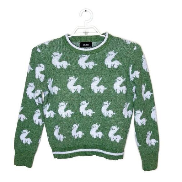 CIDER Women's Green Alpaca Llama All Over Print‎ Sweater Novelty Twee Sz M - Picture 1 of 5